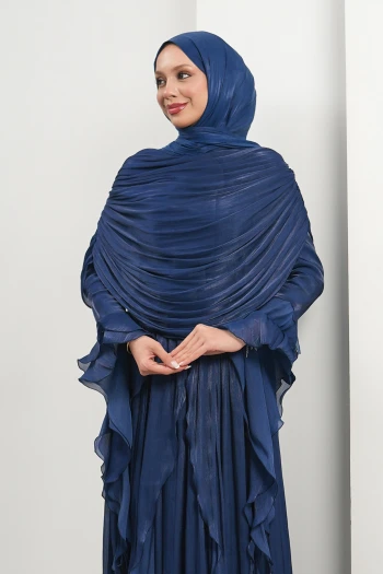 Lacivert Seyyar Pelerinli Fırfırlı Abiye