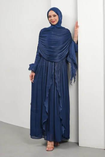 Lacivert Seyyar Pelerinli Fırfırlı Abiye