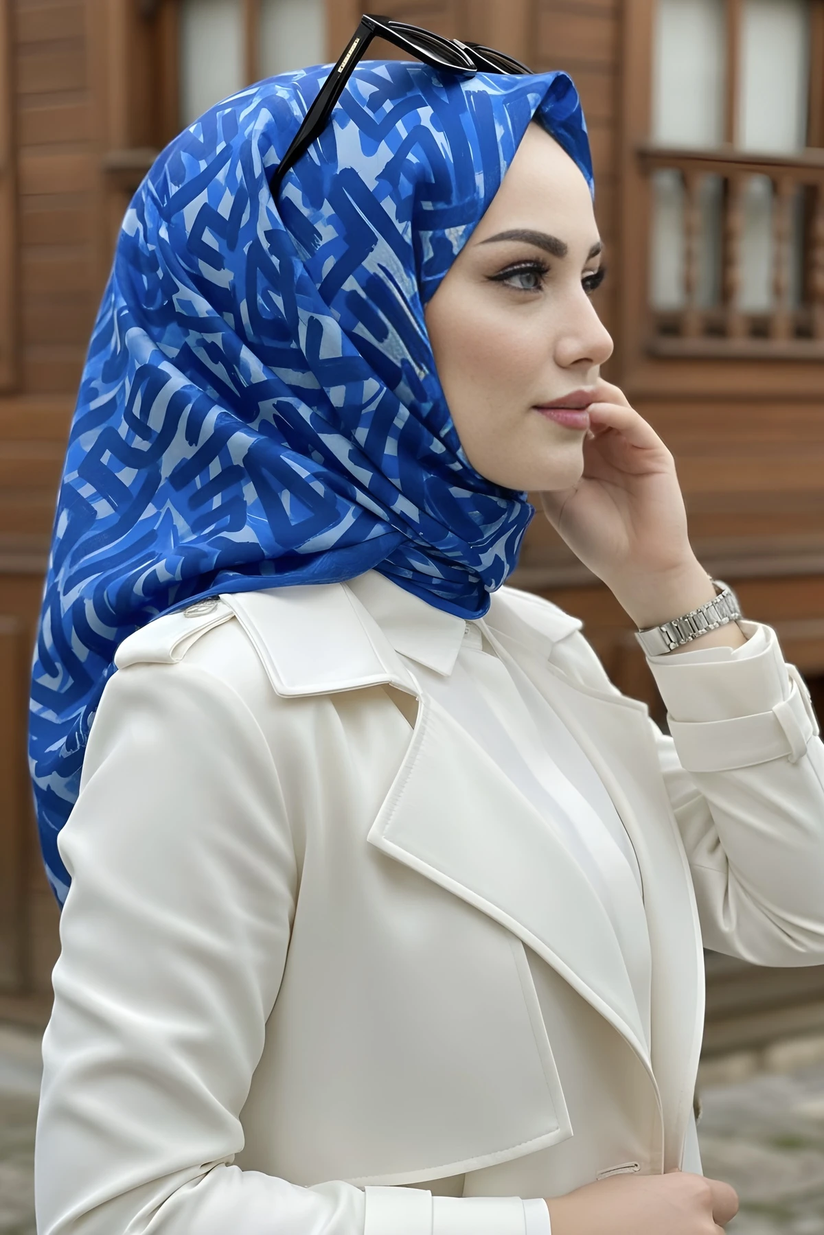 Lacivert Soft Dijital Pamuklu Eşarp