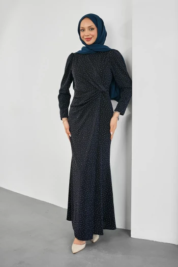 Lacivert Simli Taşlı Önü Drapeli Abiye