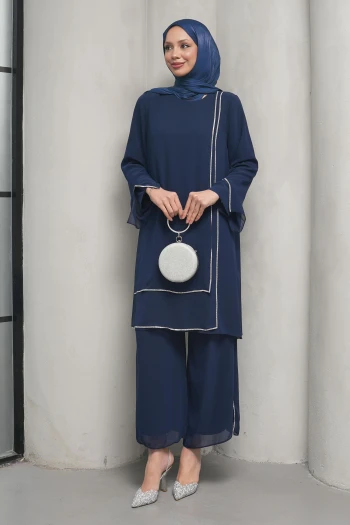 Lacivert Taş Detaylı Tunik Pantolonlu Abiye Takım