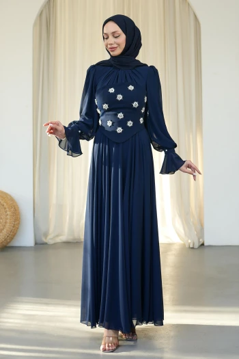 Lacivert Taş İşlemeli Büstiyerli Abiye