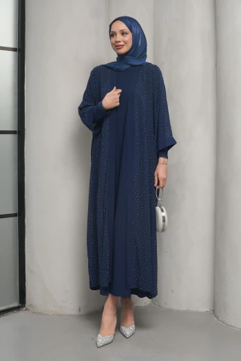 Lacivert Taş İşlemeli İkili Abaya Takım