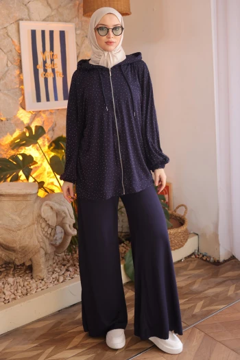 Lacivert Taşlı Tunik Pantolonlu Modal Takım