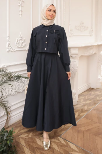 Lacivert Yaka Detaylı Crop Gömlek Etekli Takım