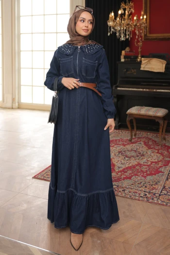 Lacivert Yaka Taşlı Yarım Fermuarlı Kemerli Kot Elbise