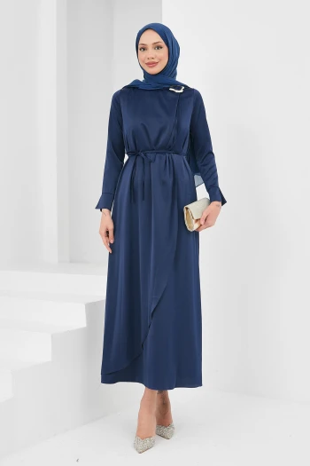 Lacivert Yaka Tokalı Saten Abiye