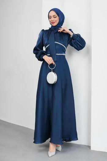 Lacivert Yakası Fiyonklu Beli Taş Detaylı Balon Kol Abiye