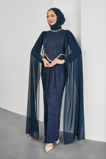 Lacivert Yakası Ve Beli Taşlı Pelerin Detaylı Abiye