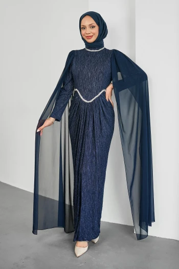 Lacivert Yakası Ve Beli Taşlı Pelerin Detaylı Abiye