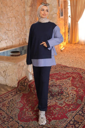 Lacivert Yan Bağlamalı Modal Tunik Pantolon Takım