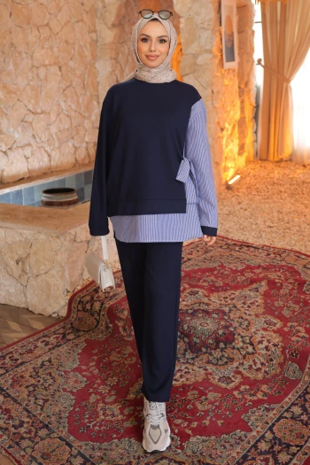 Lacivert Yan Bağlamalı Modal Tunik Pantolon Takım