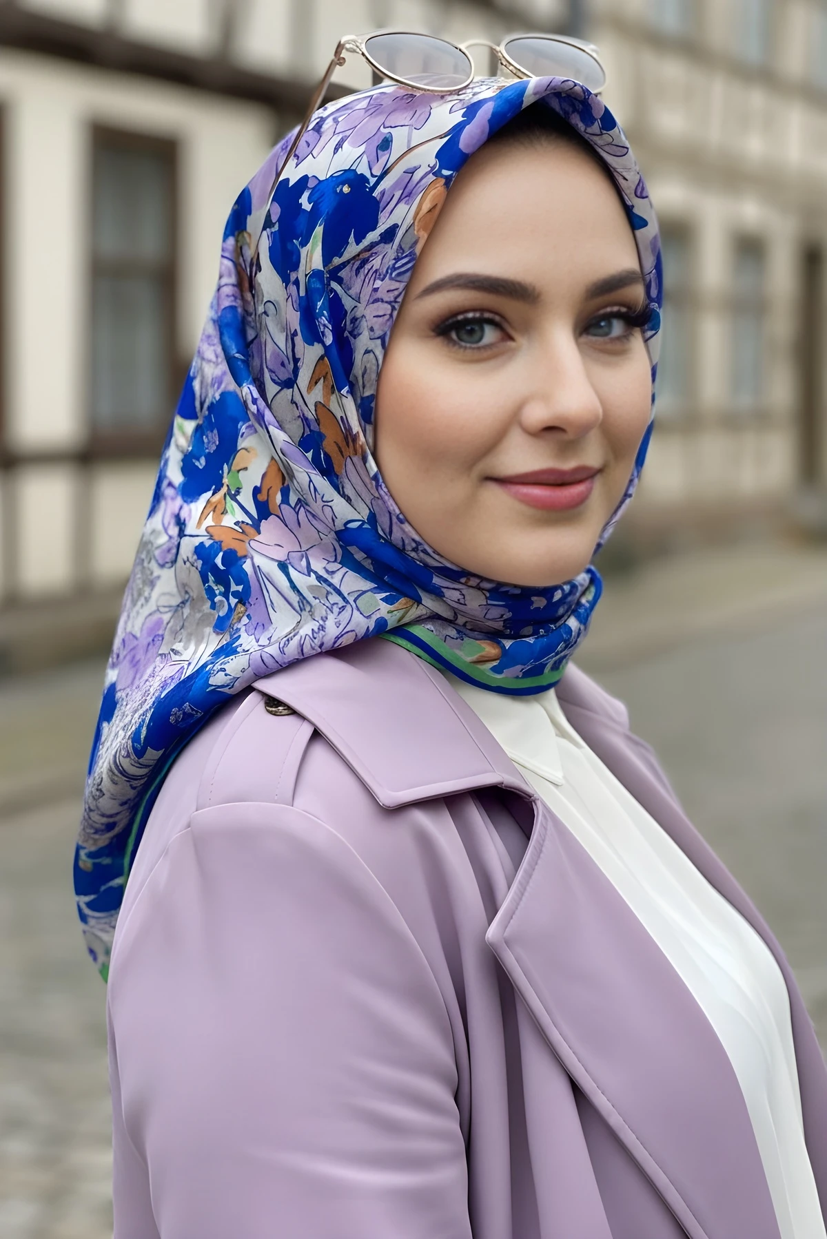 Lila/Saks Mavisi Silk Home Soft Dijital Pamuklu Eşarp