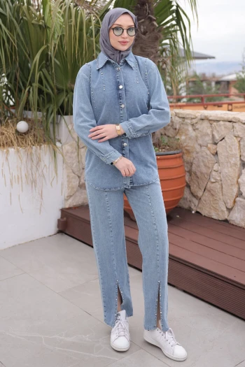 Mavi Taşlı Ceket Pantolonlu Kot Takım