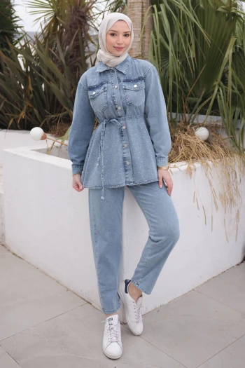 Mavi Taşlı Ceket Pantolonlu Takım