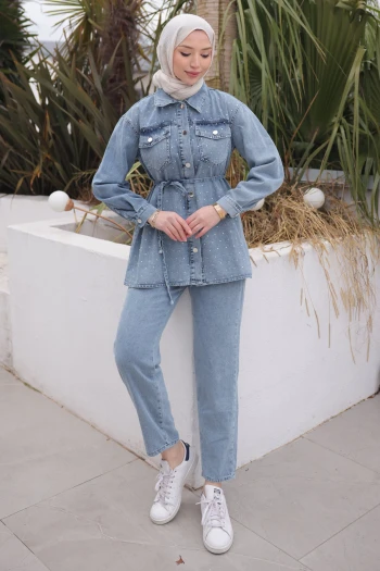 Mavi Taşlı Ceket Pantolonlu Takım