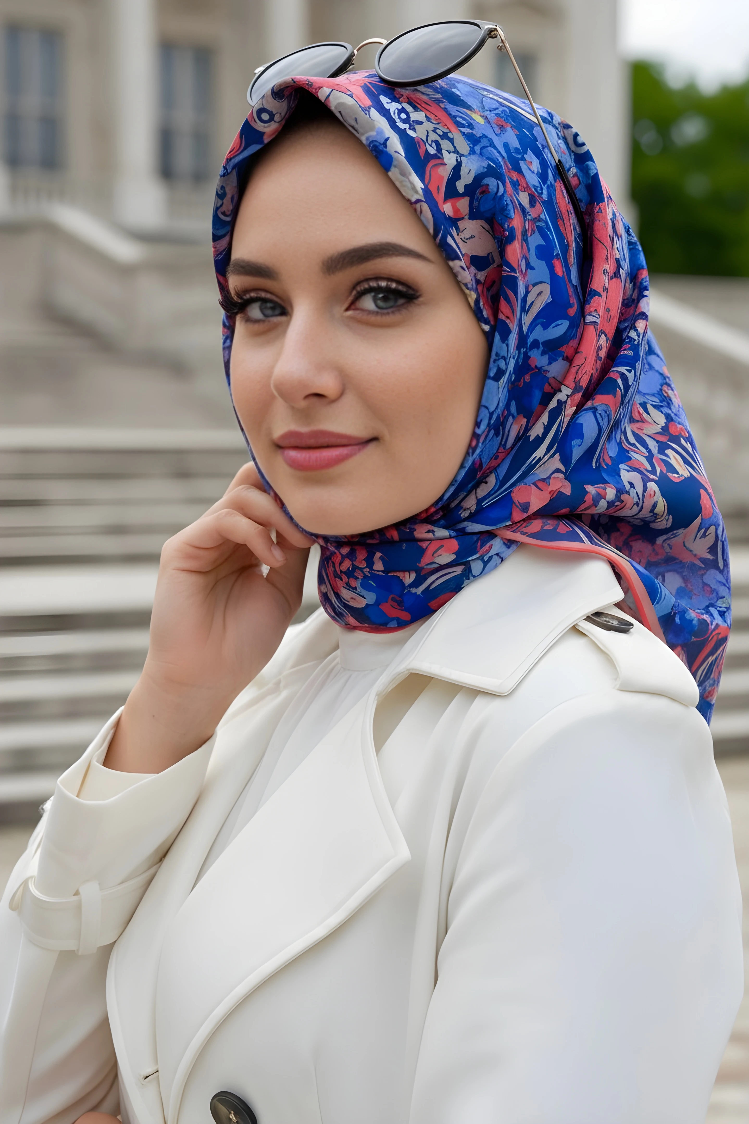 Mavi/Fuşya Silk Home Soft Dijital Pamuklu Eşarp