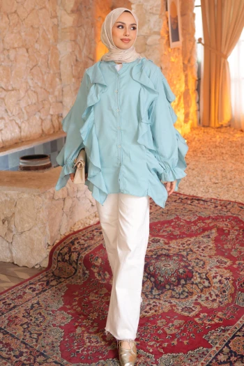 Mint Yeşili Kol Lastikli Fırfırlı Tunik