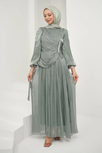 Mint Yeşili Önü Taş Detaylı Kol Bağlamalı Abiye