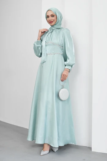 Mint Yeşili Yakası Fiyonklu Beli Taş Detaylı Balon Kol Abiye