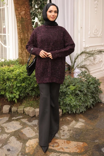 Mor Bisiklet Yaka Simli Triko Kazak