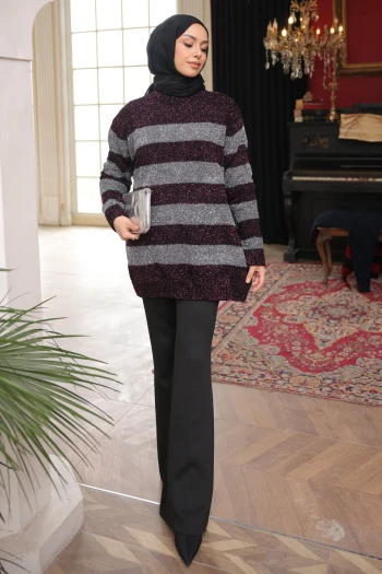 Mor Simli Çizgili Triko Kazak