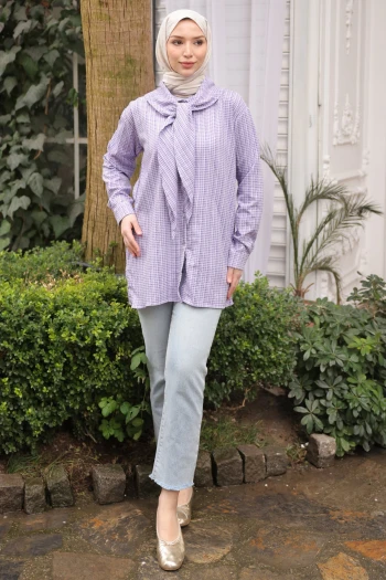 Mor Yaka Detaylı  Pötikareli Tunik Gömlek