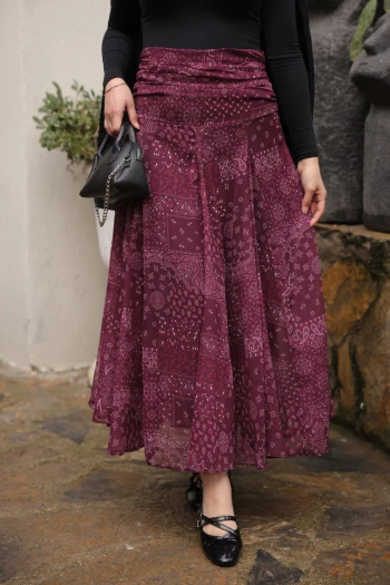 Mürdüm Desenli Beli Büzgü Detaylı İçi Astarlı Şifon Etek