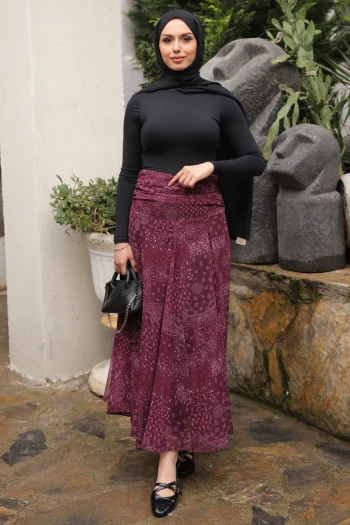 Mürdüm Desenli Beli Büzgü Detaylı İçi Astarlı Şifon Etek