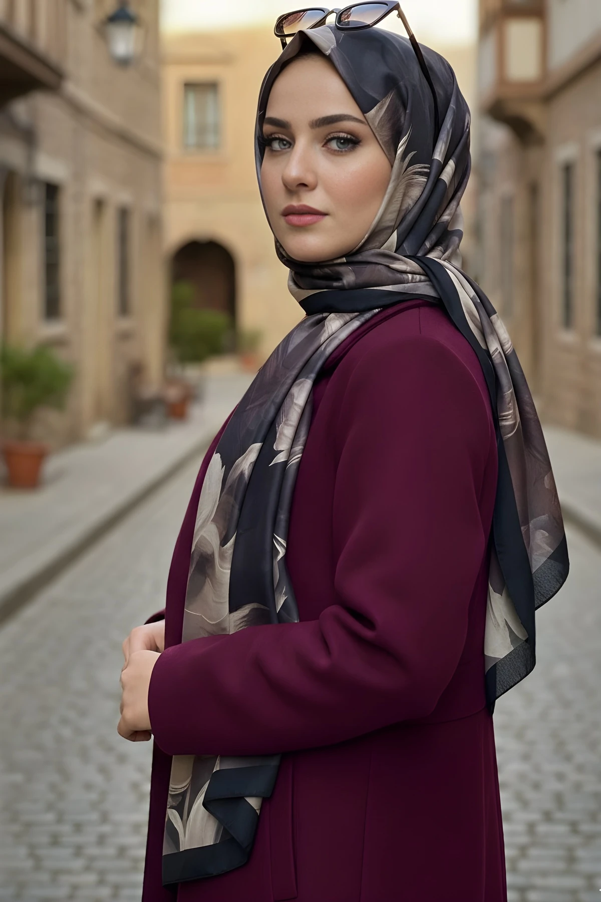 Mürdüm Desenli Soft Dijital Pamuklu Şal