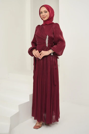 Mürdüm Önü Taş Detaylı Kol Bağlamalı Abiye