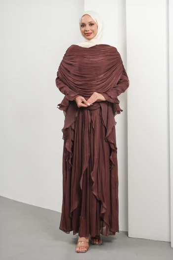 Mürdüm Seyyar Pelerinli Fırfırlı Abiye