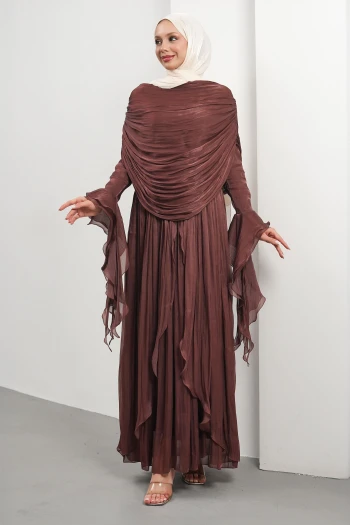 Mürdüm Seyyar Pelerinli Fırfırlı Abiye