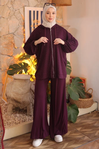 Mürdüm Taşlı Tunik Pantolonlu Modal Takım