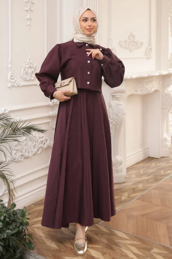 Mürdüm Yaka Detaylı Crop Gömlek Etekli Takım