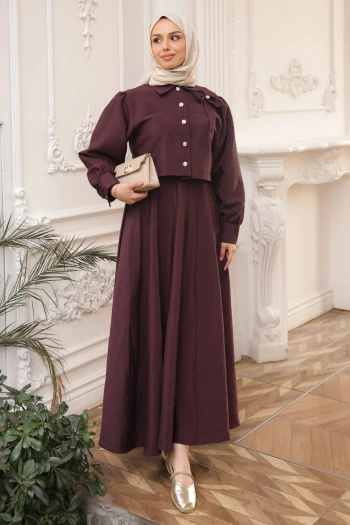 Mürdüm Yaka Detaylı Crop Gömlek Etekli Takım