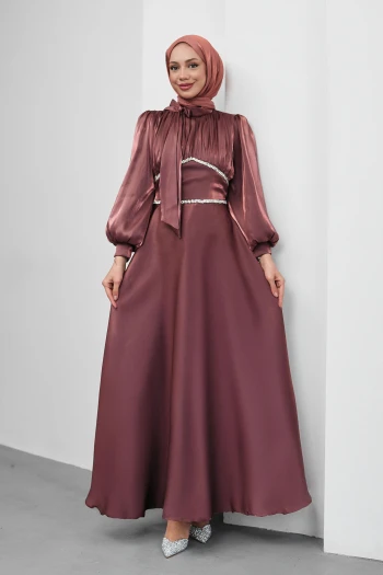 Mürdüm Yakası Fiyonklu Beli Taş Detaylı Balon Kol Abiye