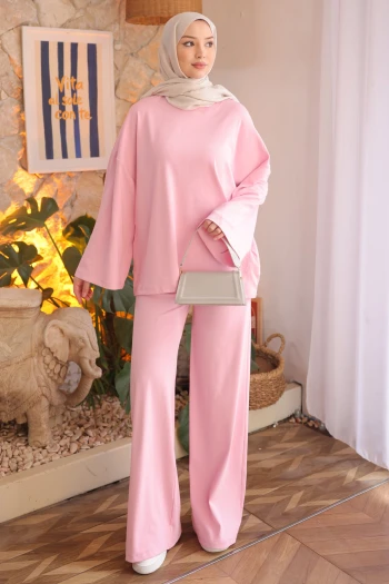 Pembe Bisiklet Yaka Sweat Pantolonlu Takım