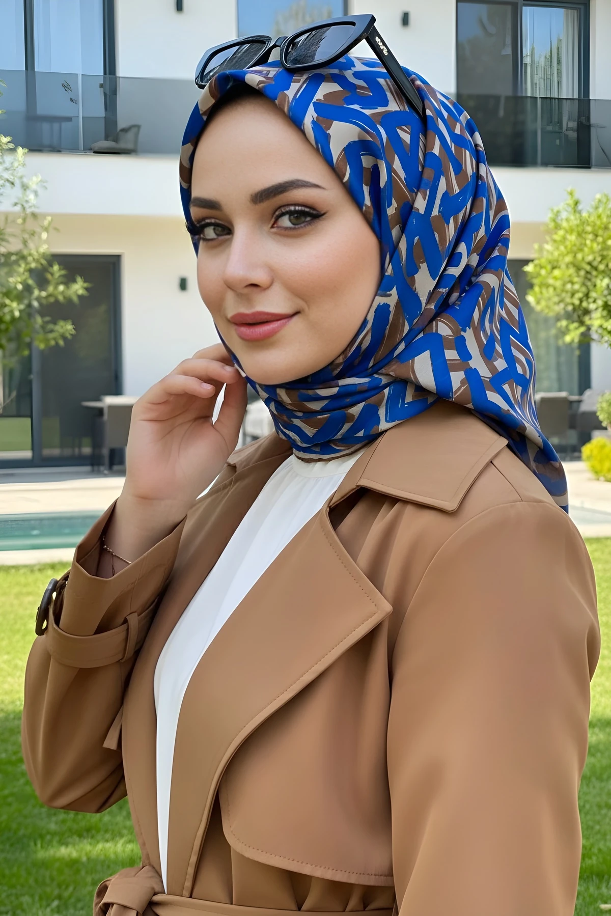 Saks Kahverengi Silk Home Soft Dijital Pamuklu Eşarp