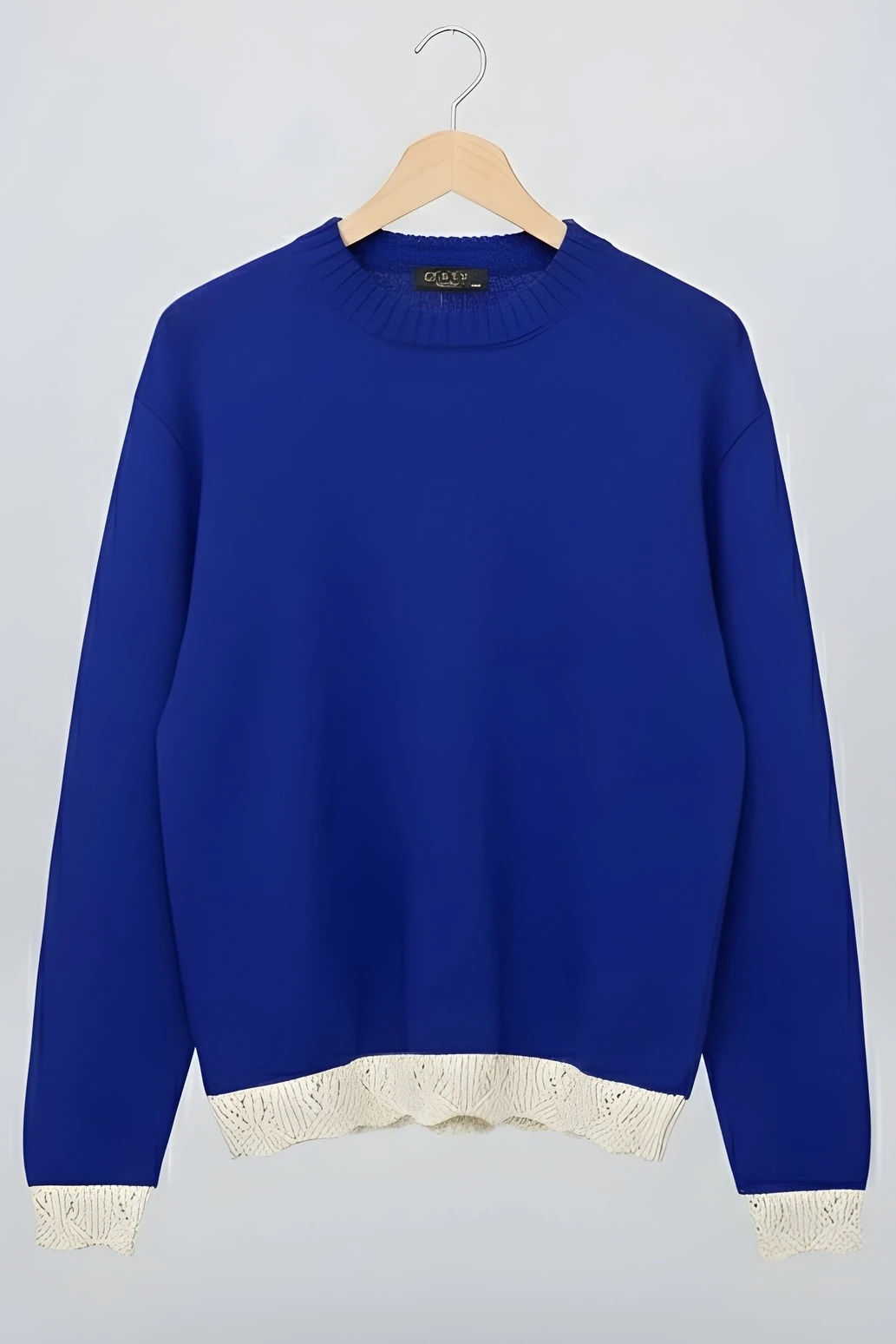 Saks Mavi Bisiklet Yaka Kol Ve Etek Ucu Güpür Detaylı Triko Kazak