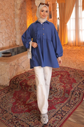 Saks Mavi Kol Lastikli Önü Düğmeli Biyeli Tunik