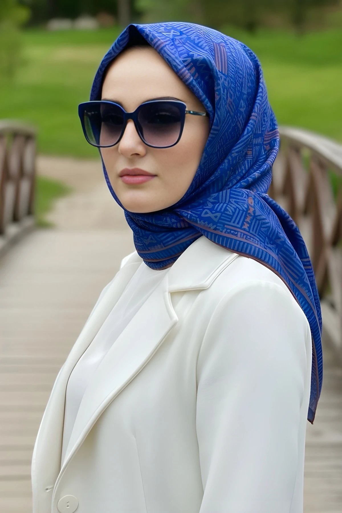 Saks Mavi Silk Home Soft Dijital Pamuklu Eşarp