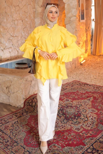 Sarı Kol Lastikli Fırfırlı Tunik