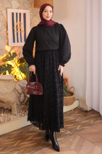 Siyah Bel Lastikli Astarlı Flok Baskılı Tül Etek