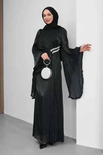 Siyah Bel Taşlı Şifon Abiye