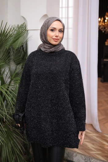 Siyah Bisiklet Yaka Simli Triko Kazak
