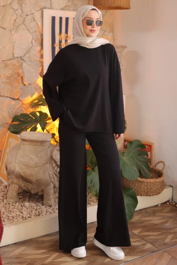 Siyah Bisiklet Yaka Sweat Pantolonlu Takım