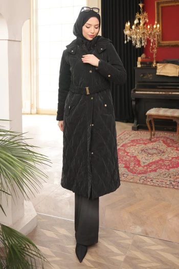 Siyah Büyük Beden Çıtçıt Düğmeli Kapitone Mont