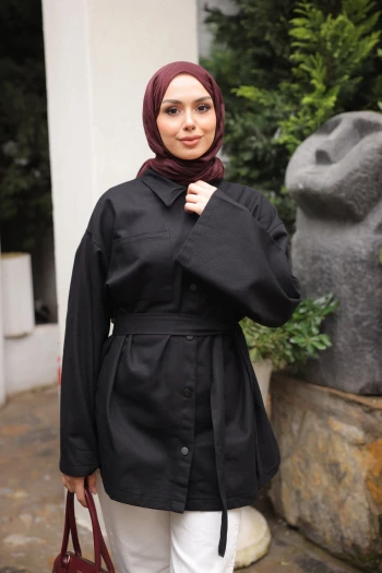 Siyah Çıçıtlı Cepli Oversize Gabardin Gömlek