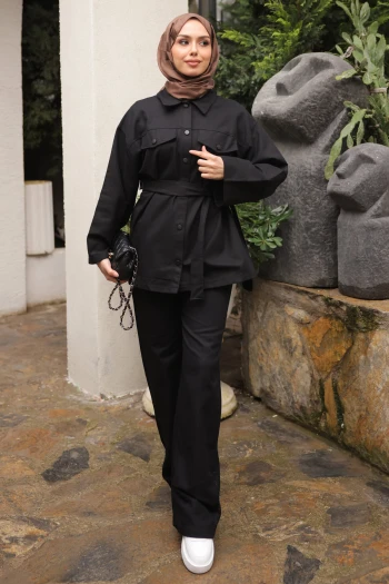 Siyah Çıt Çıtlı Gabardin Ceket Pantolonlu Takım